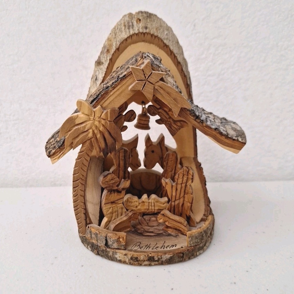 Handmade Olive Wood Nativity Set Bethlehem Holy Land Christmas Scene Vintage